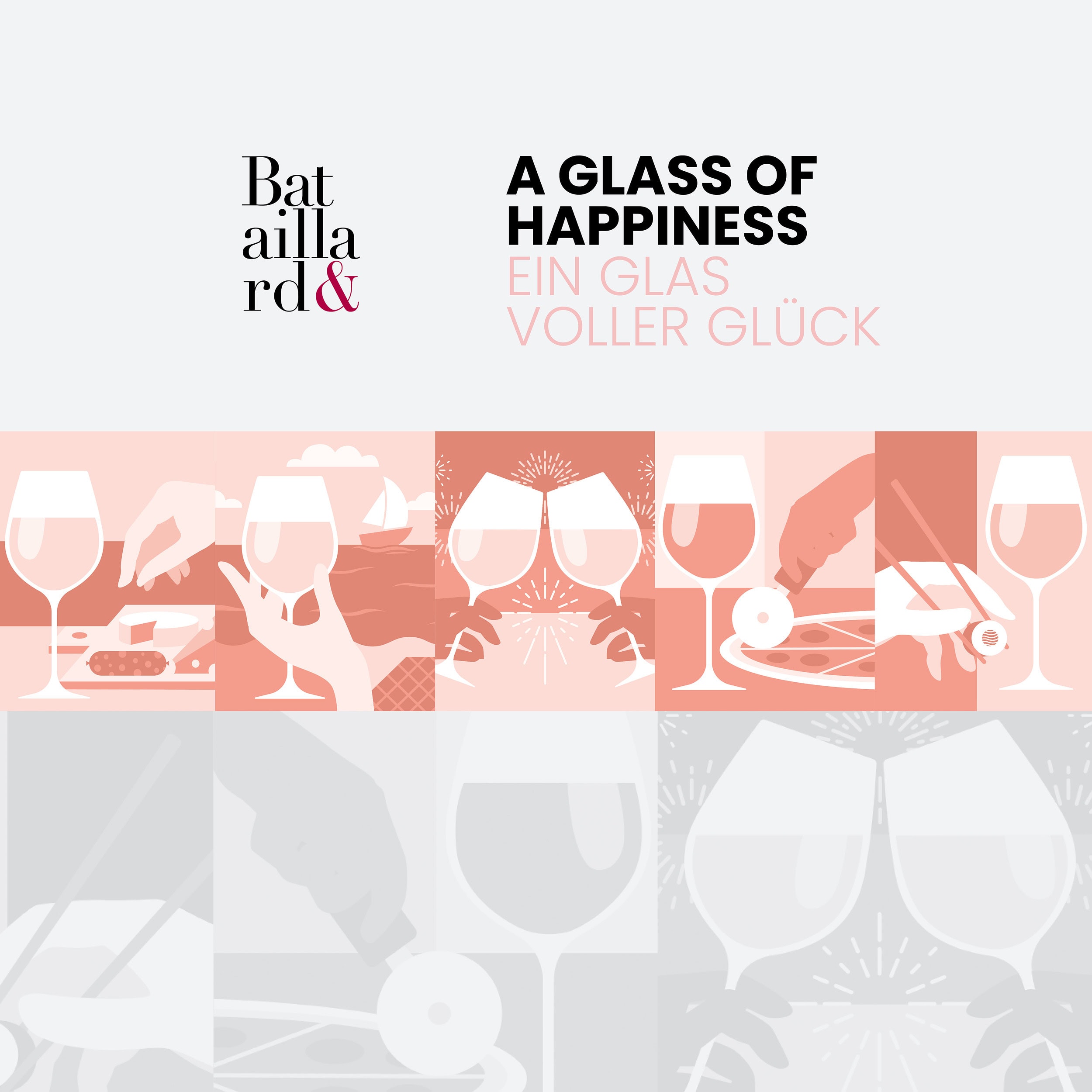 titelseite «a glass of happiness – ein glas voller glück» mit illustrationen rund ums weinglas