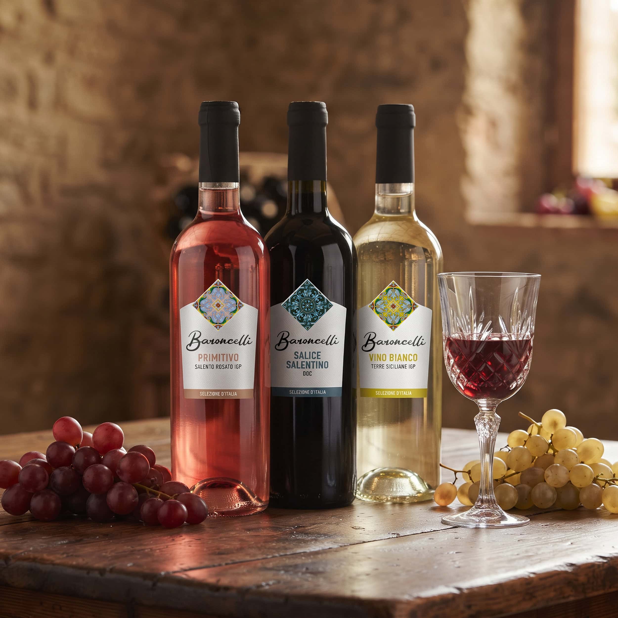 drei flaschen baroncelli mit neuen etiketten, daneben trauben und ein glas rotwein