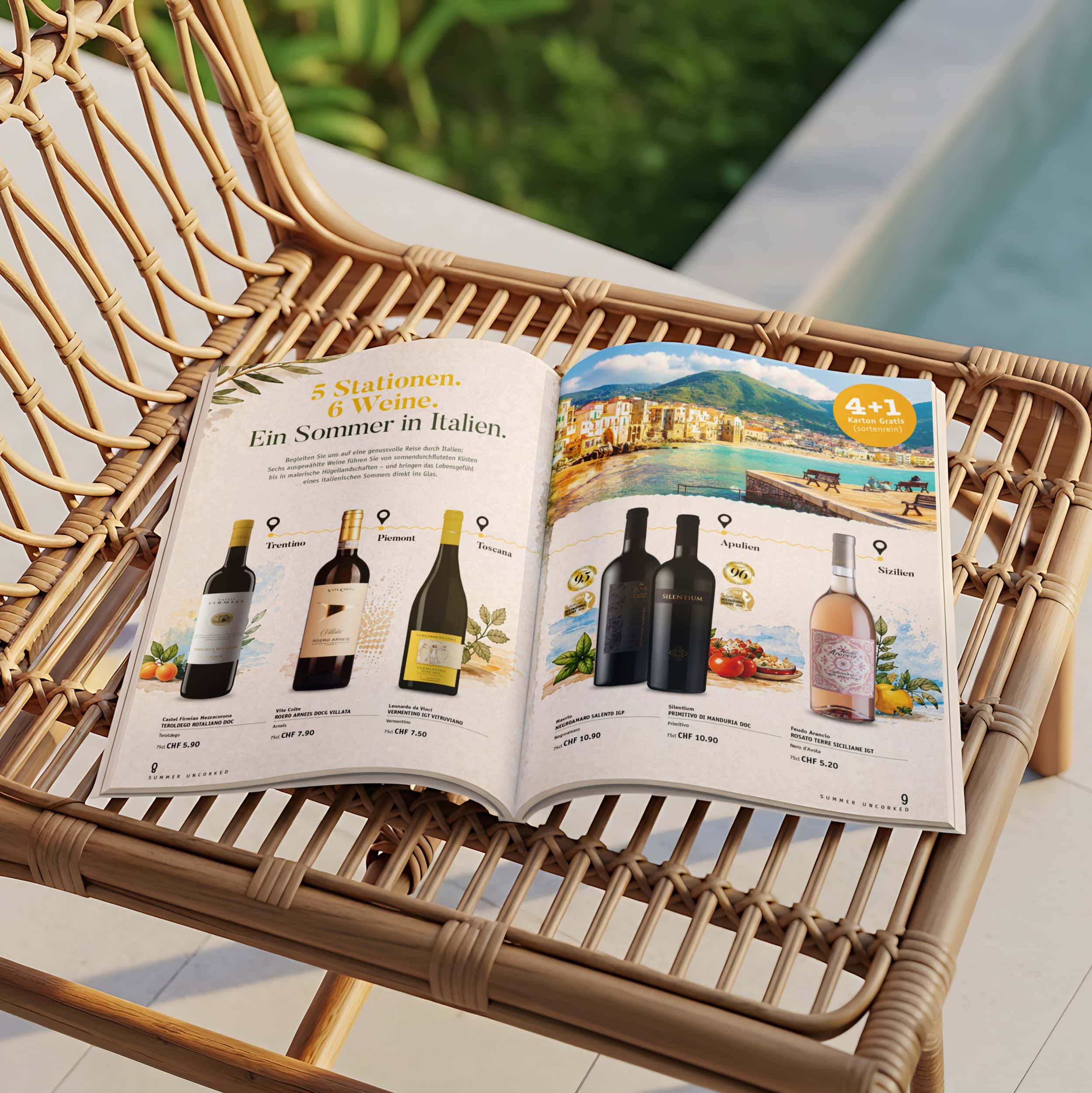 aufgeschlagenes magazin von bataillard mit der geschichte «ein sommer in italien» auf einem rattanstuhl