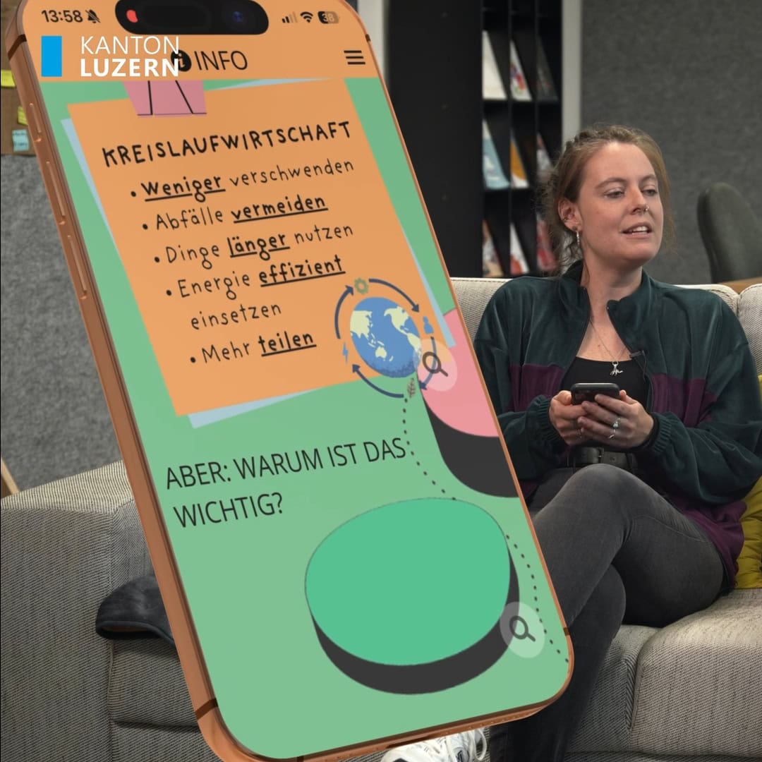 frau auf dem sofa mit smartphone, daneben eine grafik zur kreislaufwirtschaft