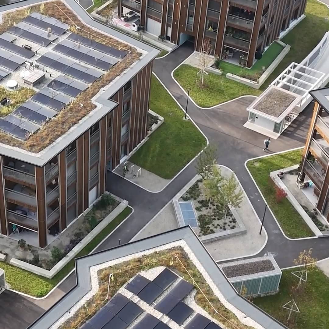 luftaufnahme einer überbauung mit begrünten dächern und solaranlagen