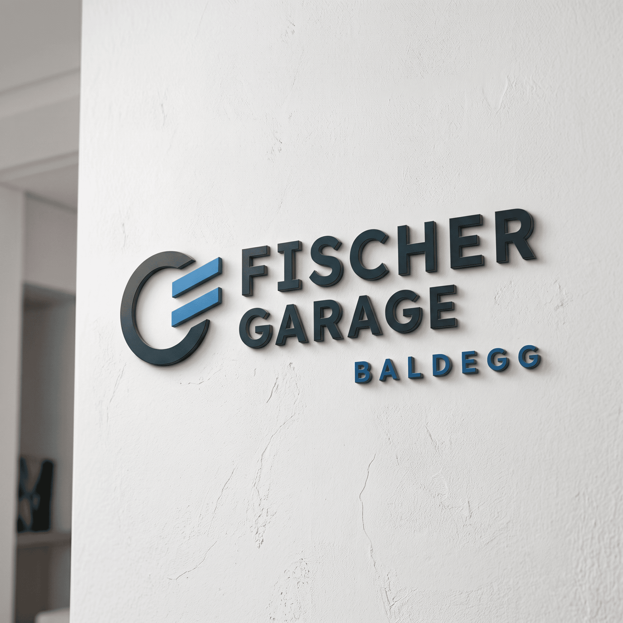 3d-logo der fischer garage baldegg an einer weissen wand