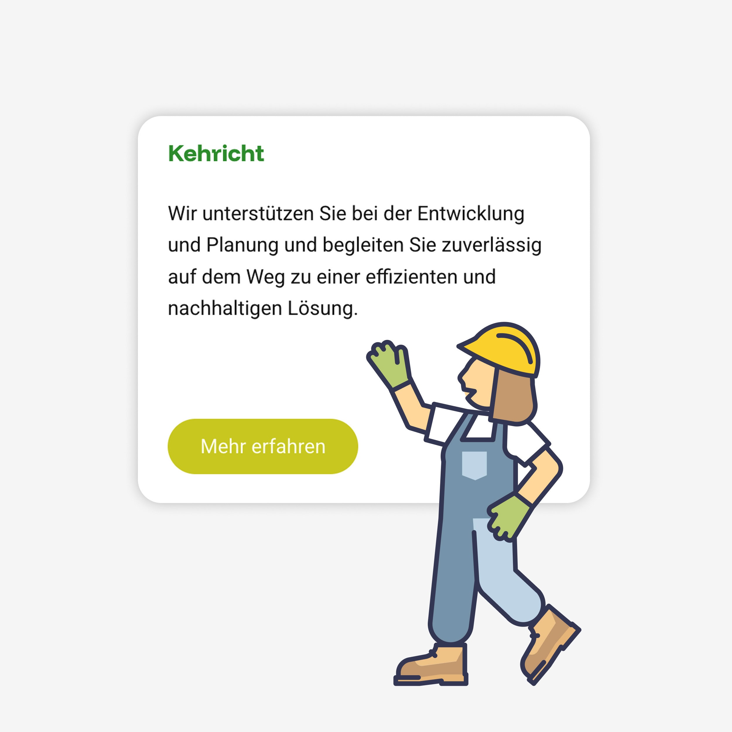karte «kehricht» mit illustrierter figur in arbeitskleidung