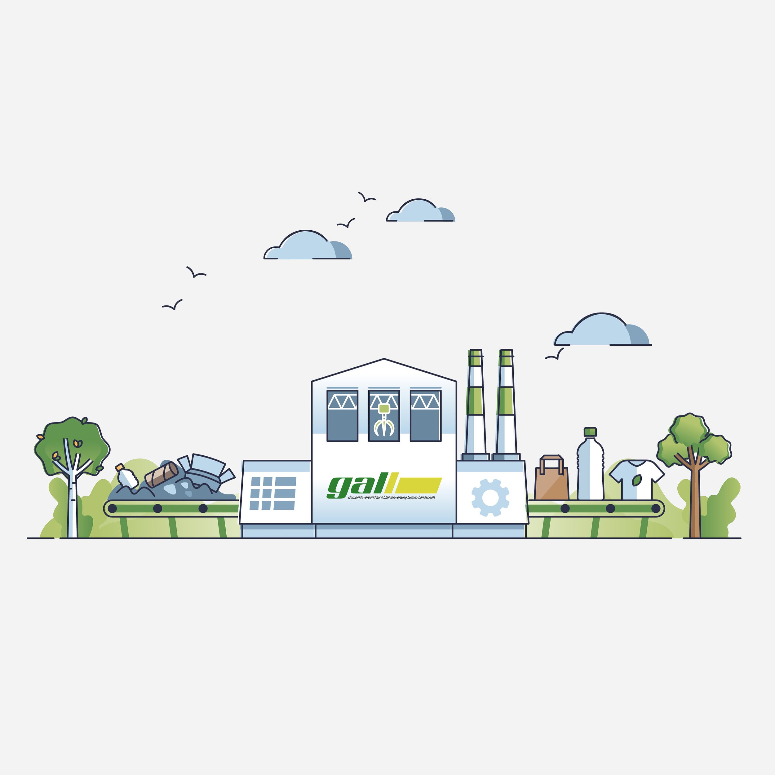 illustration einer verwertungsanlage mit förderband und bäumen