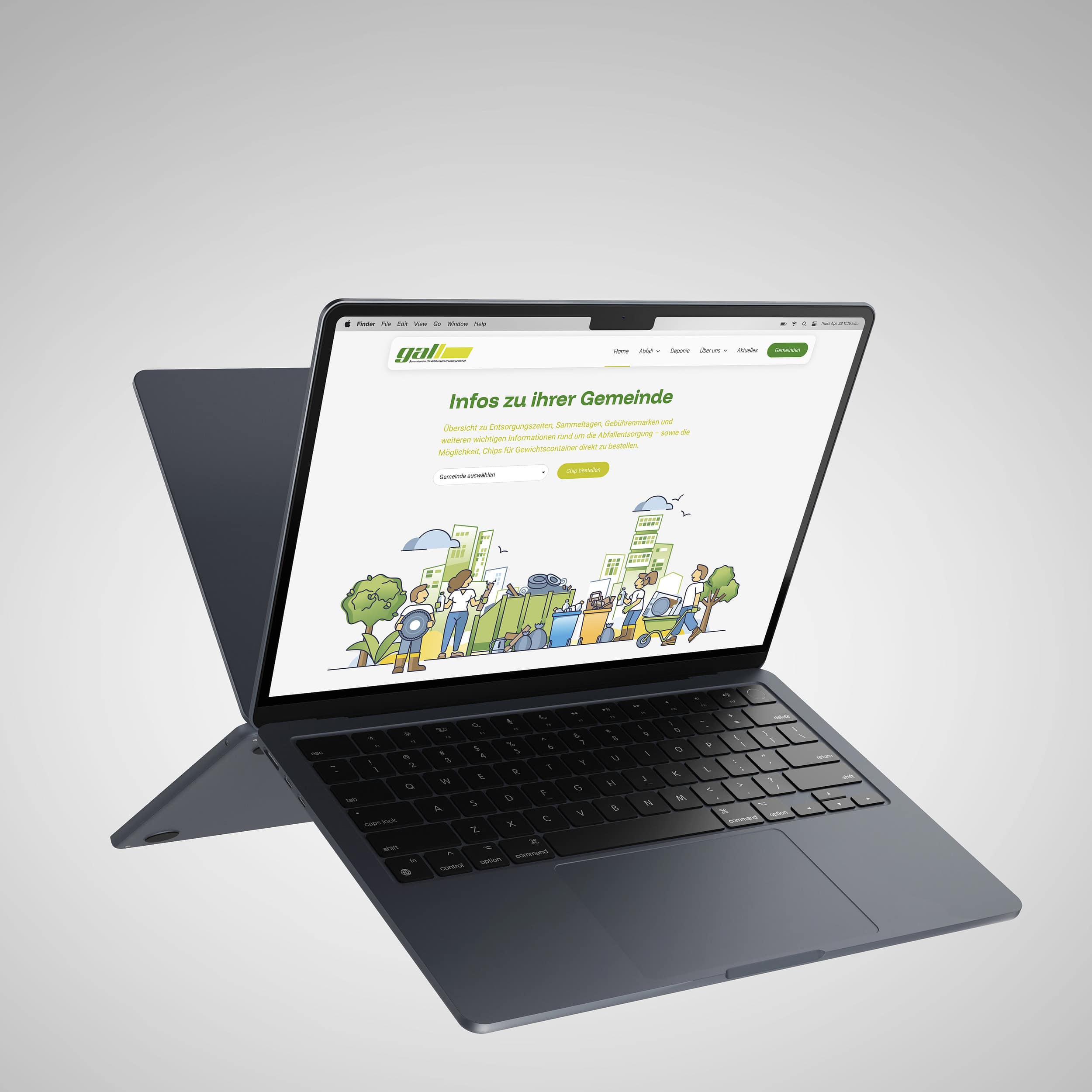 laptop mit der gall-startseite «infos zu ihrer gemeinde» und illustrationen