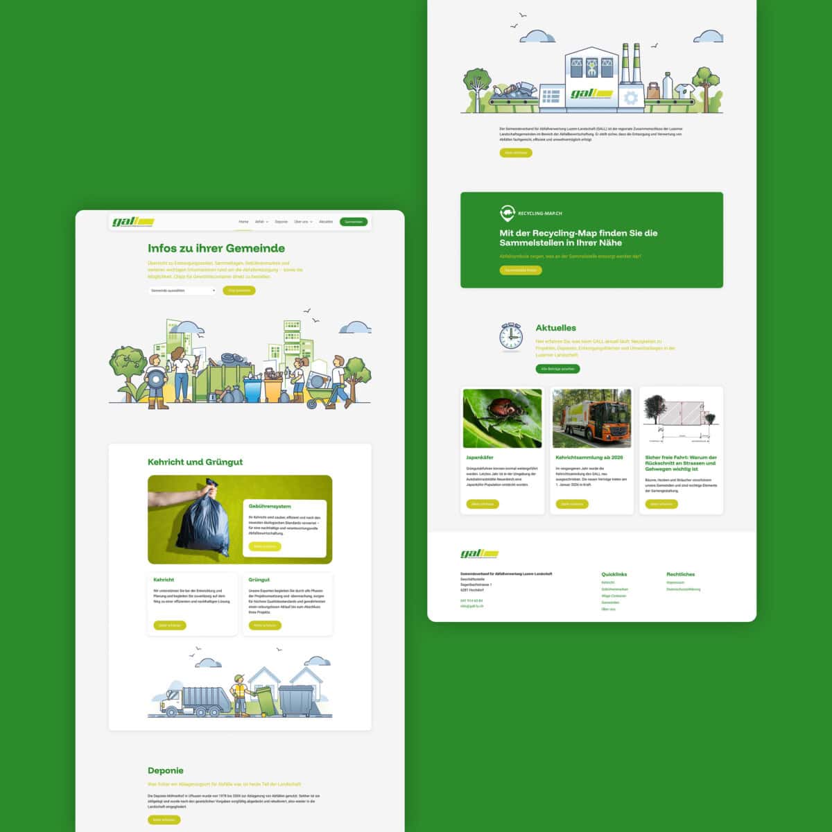 startseite und unterseite der gall-website auf grünem grund