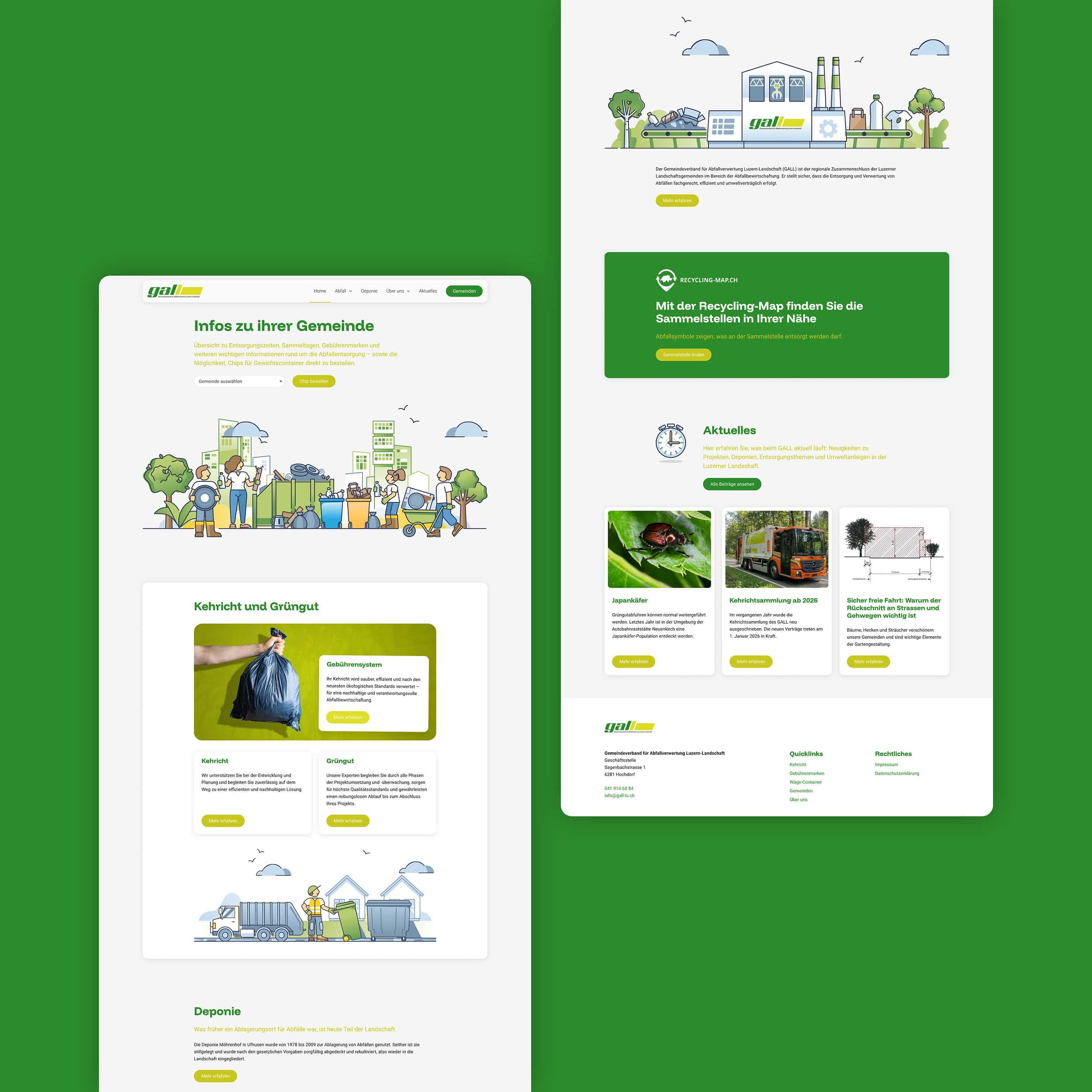 startseite und unterseite der gall-website auf grünem grund