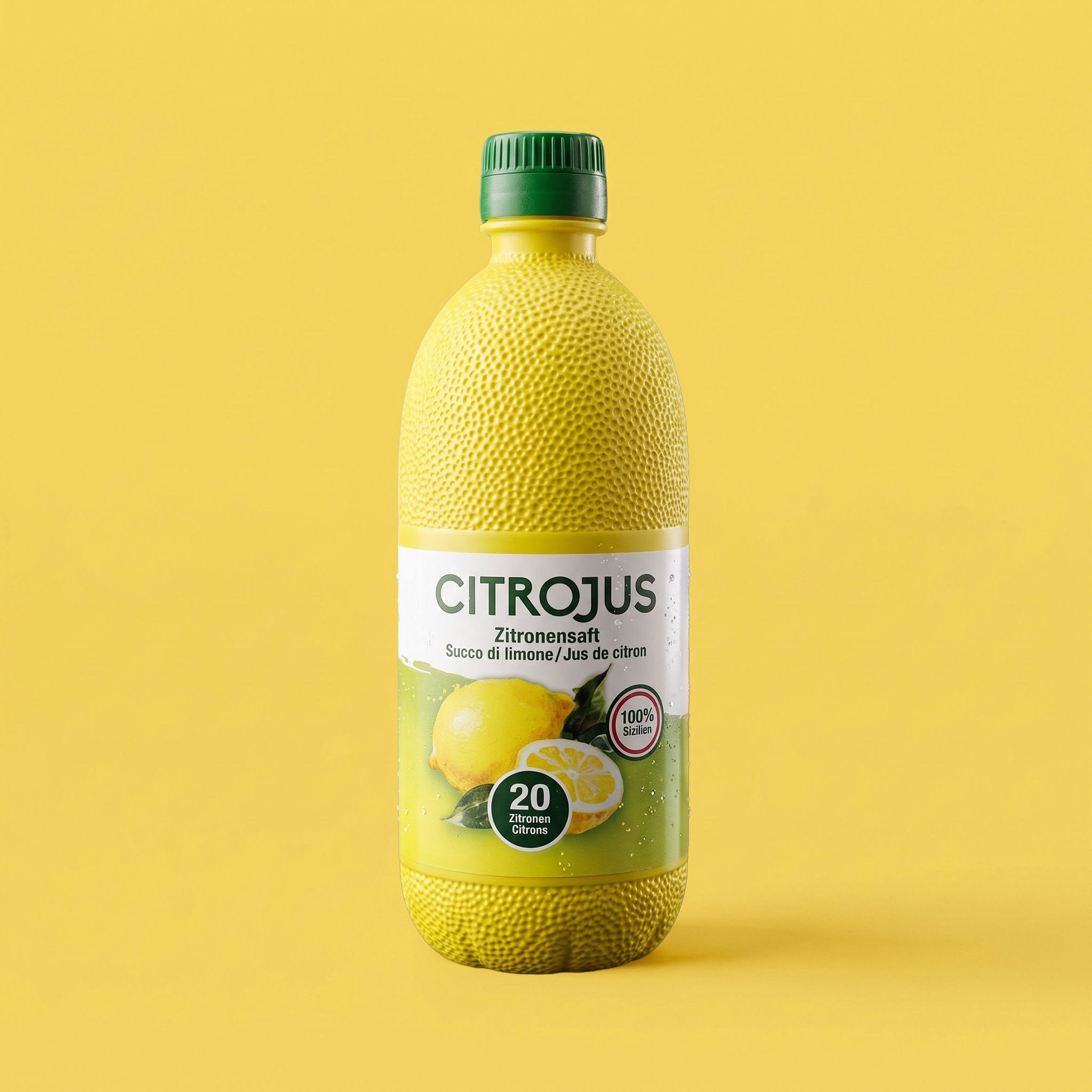 flasche citrojus zitronensaft vor gelbem hintergrund