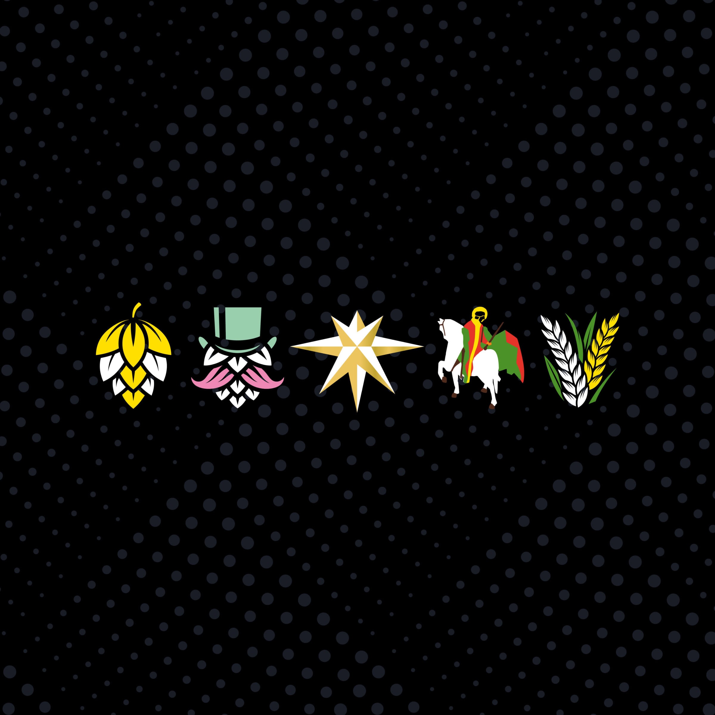 illustrierte icons von hochdorfer bier: hopfen, figur mit hut, stern, reiter und getreide