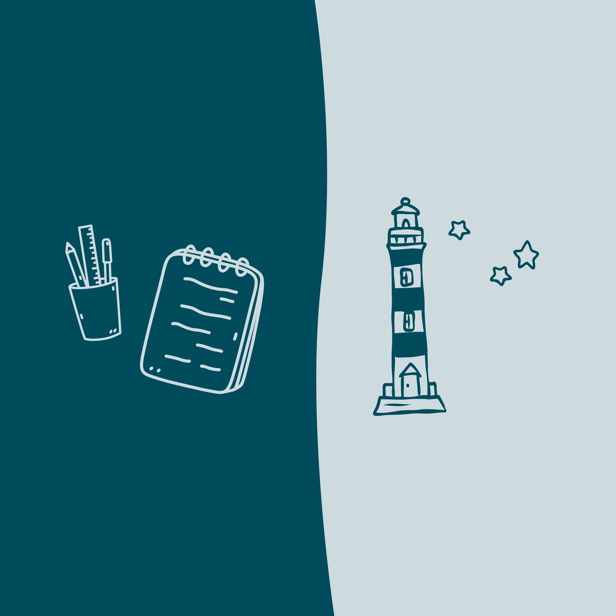 handgezeichnete illustrationen von hugge: stiftebecher, notizblock und leuchtturm