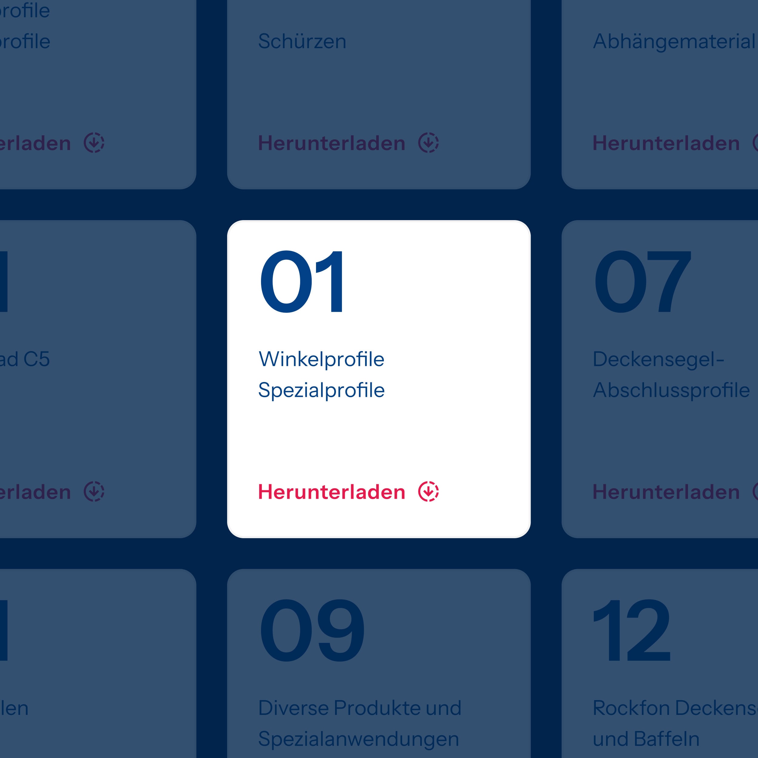 kacheln der innloc-sortimentsliste mit download-links