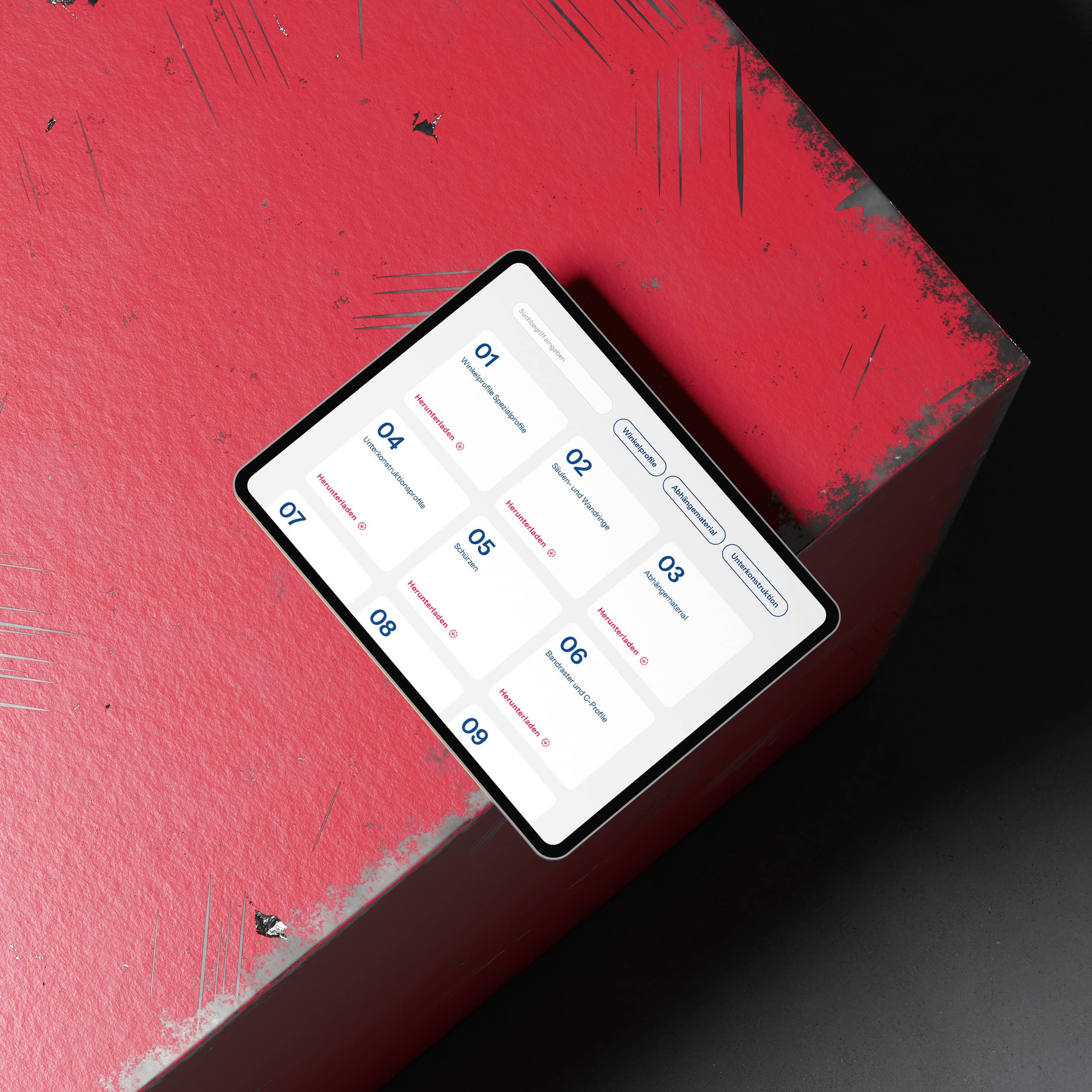 tablet mit der nummerierten sortimentsübersicht auf rotem metall