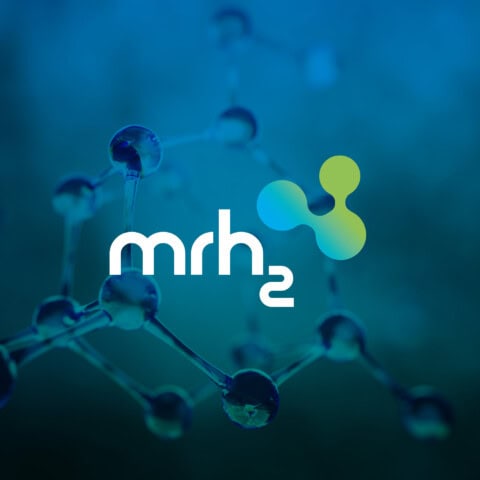 logo von mrh2 vor blauen wasserstoffmolekülen