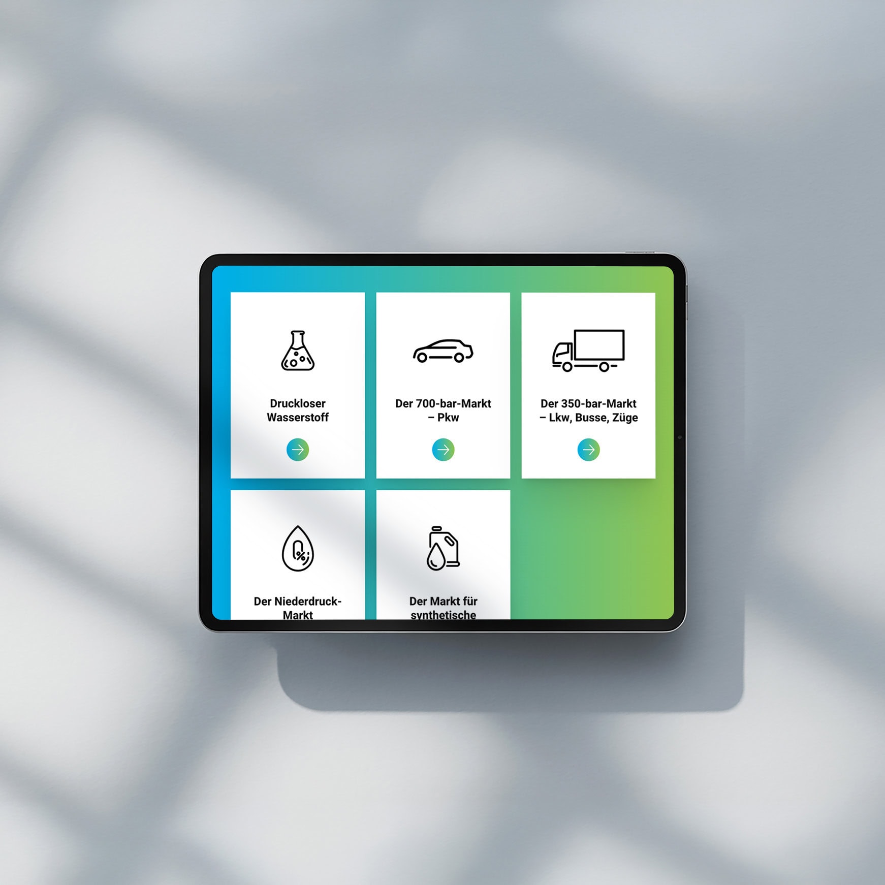 tablet mit den märkten von mrh2, zum beispiel dem 700-bar-markt für pkw