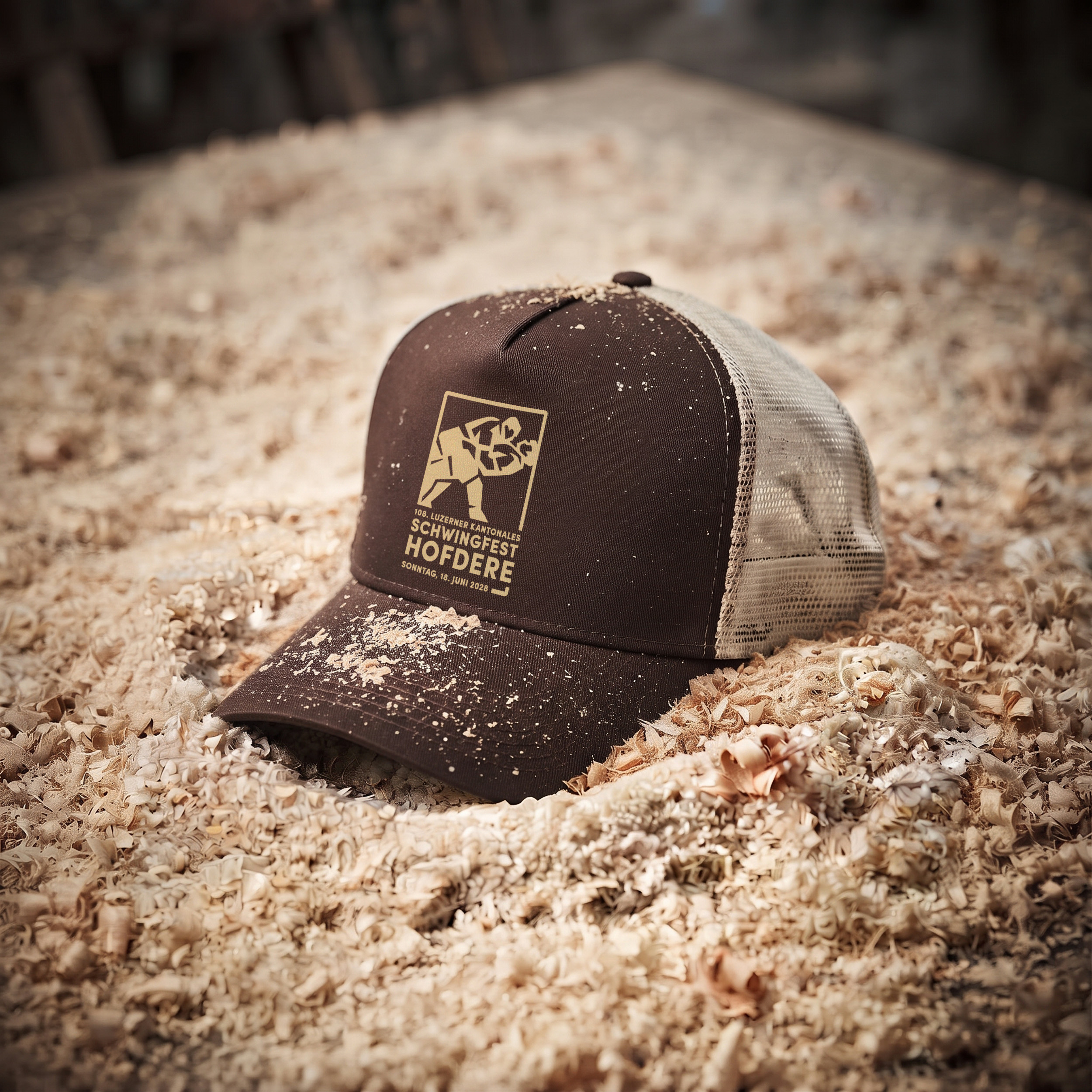 braune cap mit dem logo des schwingfests hofdere im sägemehl