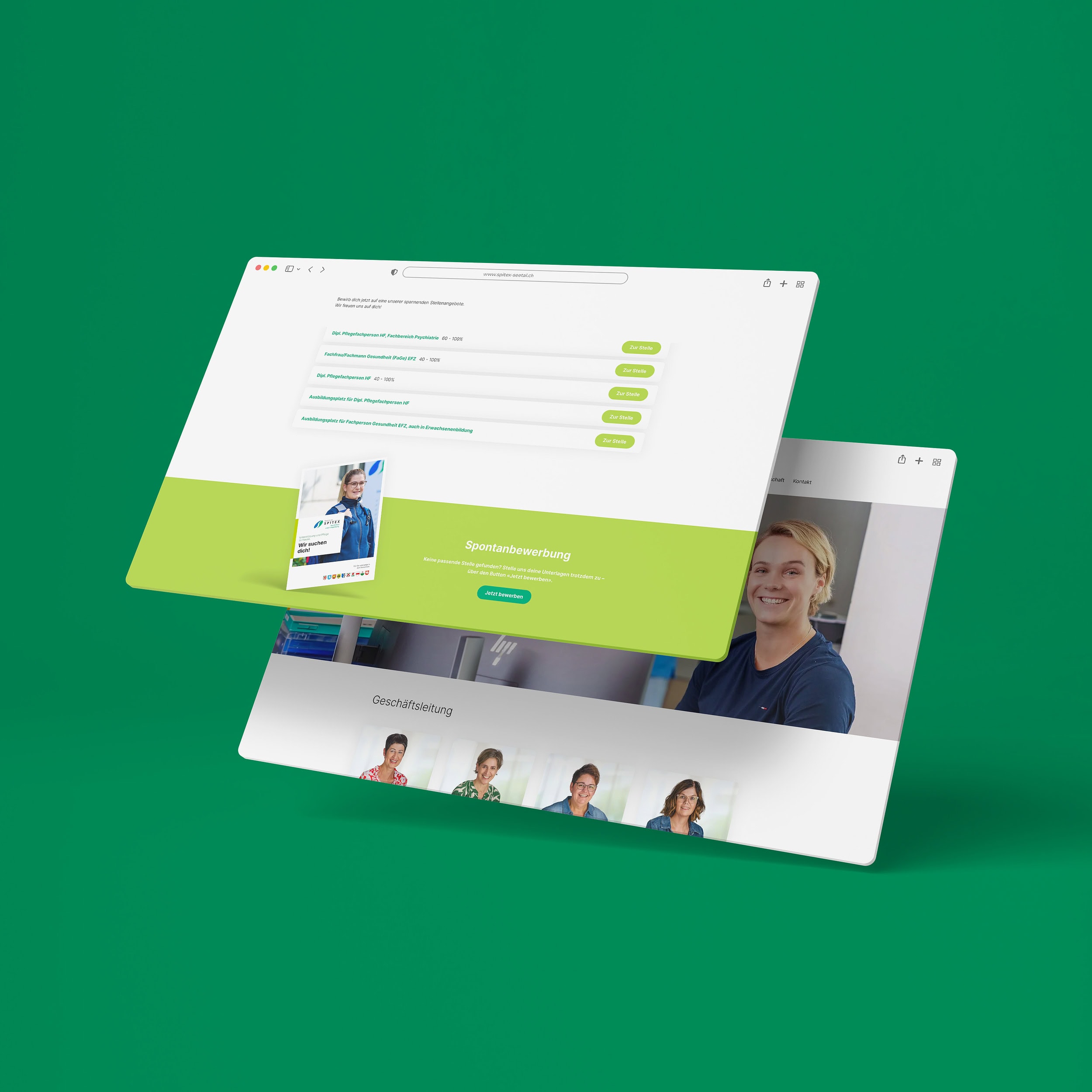 zwei browserfenster der spitex-seetal-website mit stellenangeboten auf grünem grund