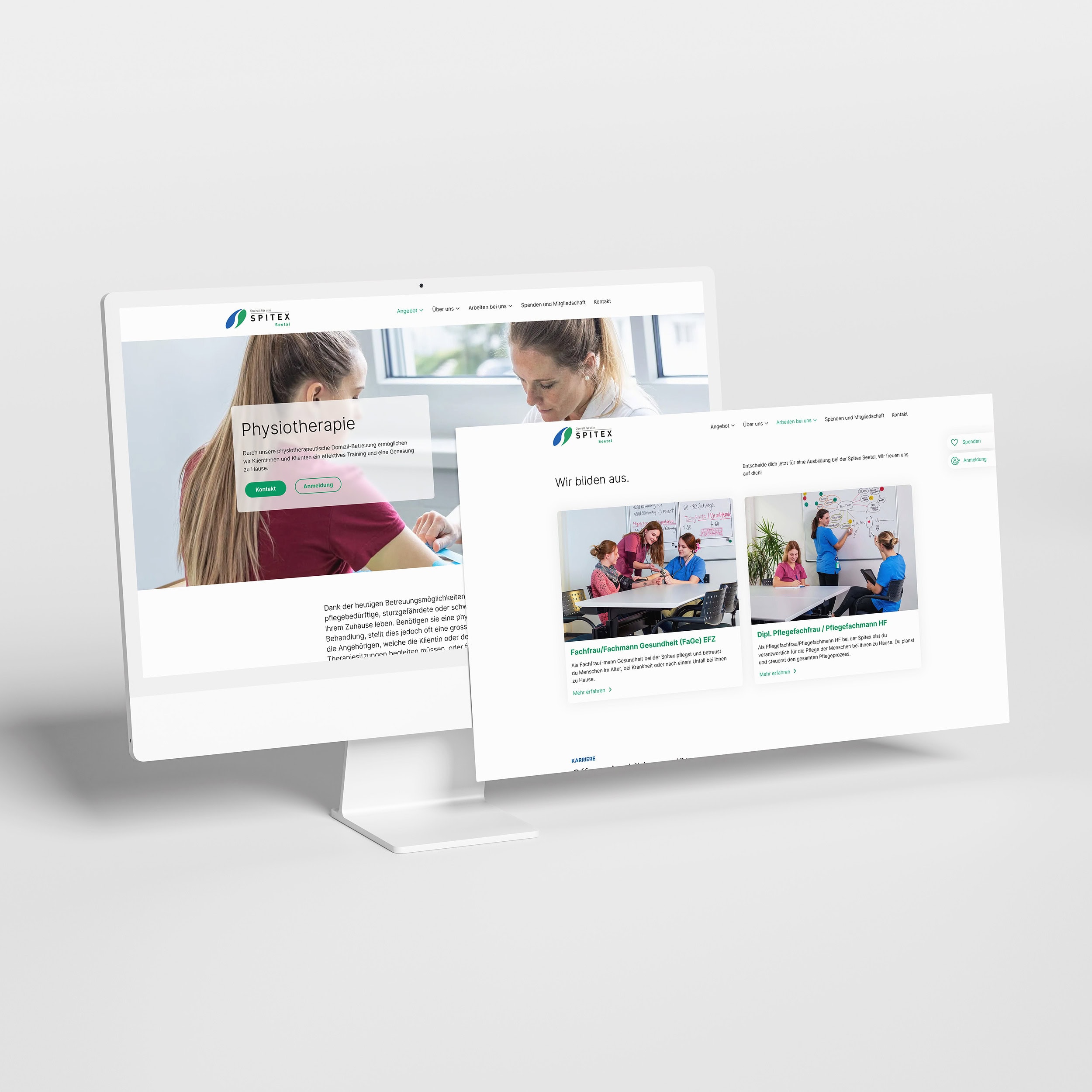 bildschirm und tablet mit den seiten physiotherapie und «wir bilden aus»