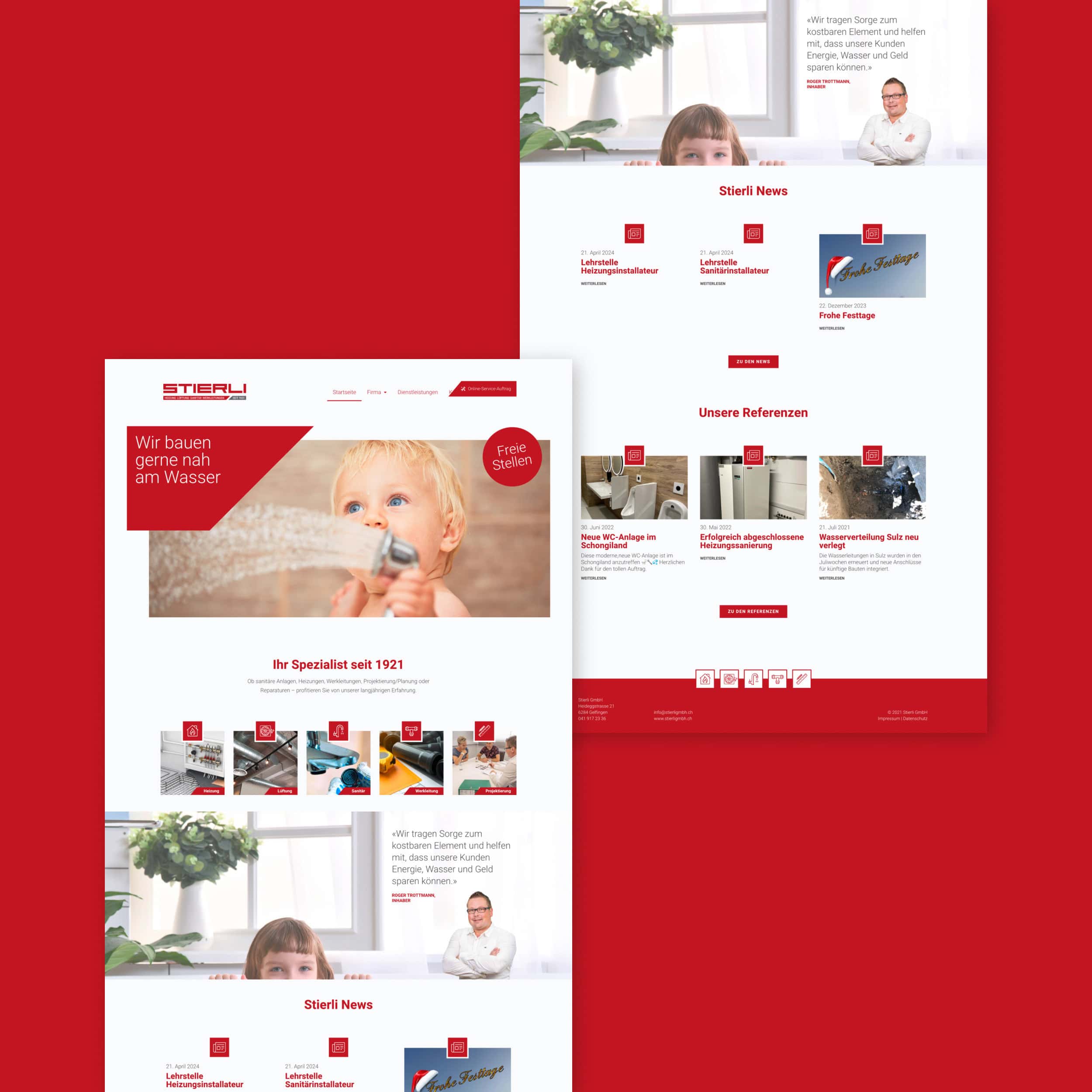 startseite und unterseite der stierli-website auf rotem grund