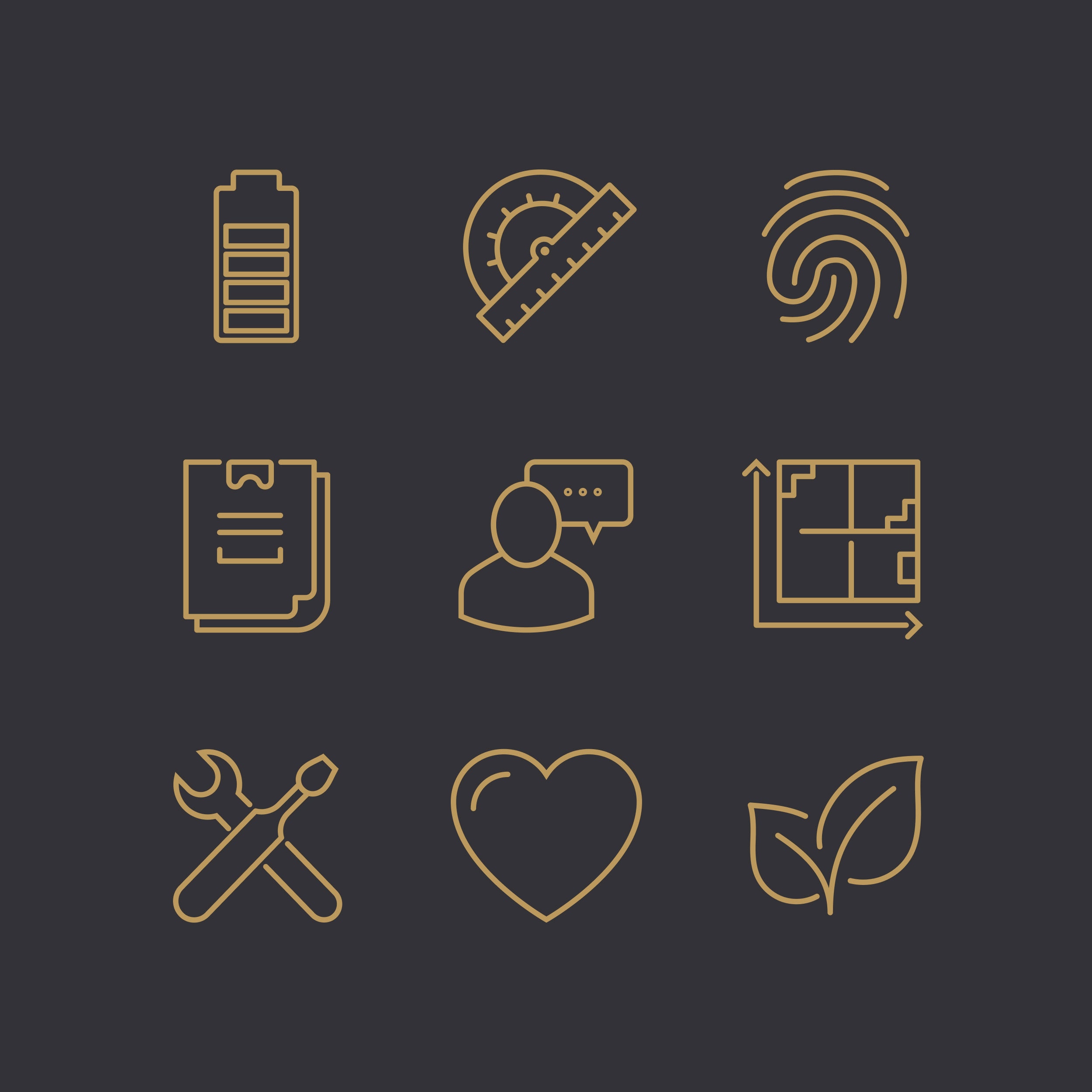 goldene linien-icons von stutz fensterbau auf dunklem grund