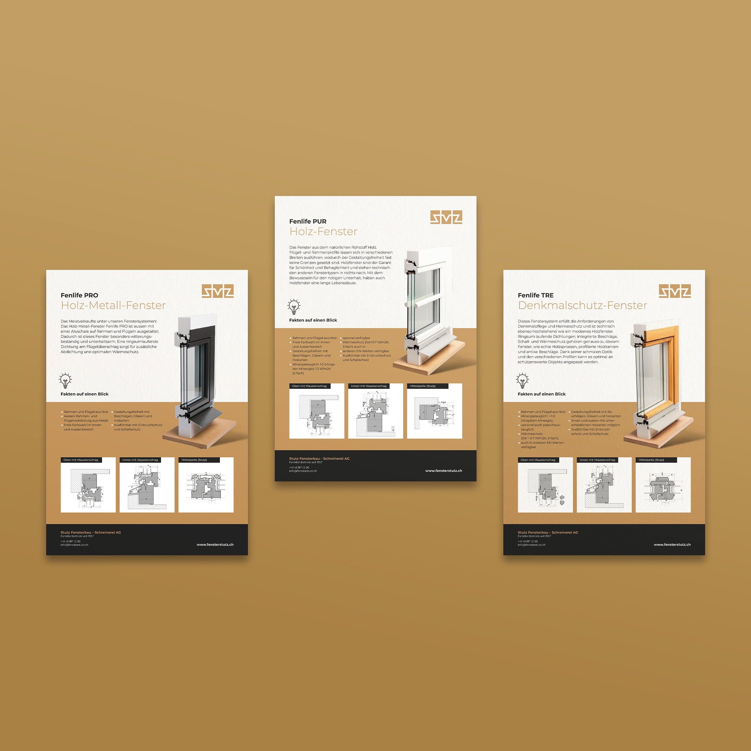 drei produktflyer von stutz fensterbau zu den fenstern fenlife pro, pur und tre auf goldenem grund