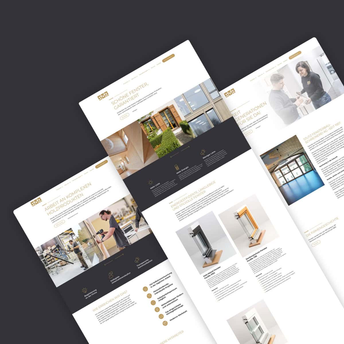 mehrere seiten der stutz-fensterbau-website schräg nebeneinander